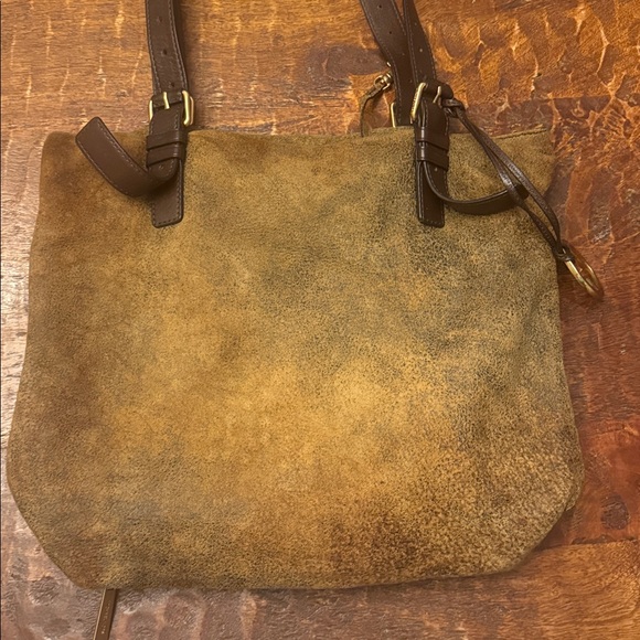 Michael Kors Handbags - Michael Kors Brown Suede Tote with Gold Charm, EUC
